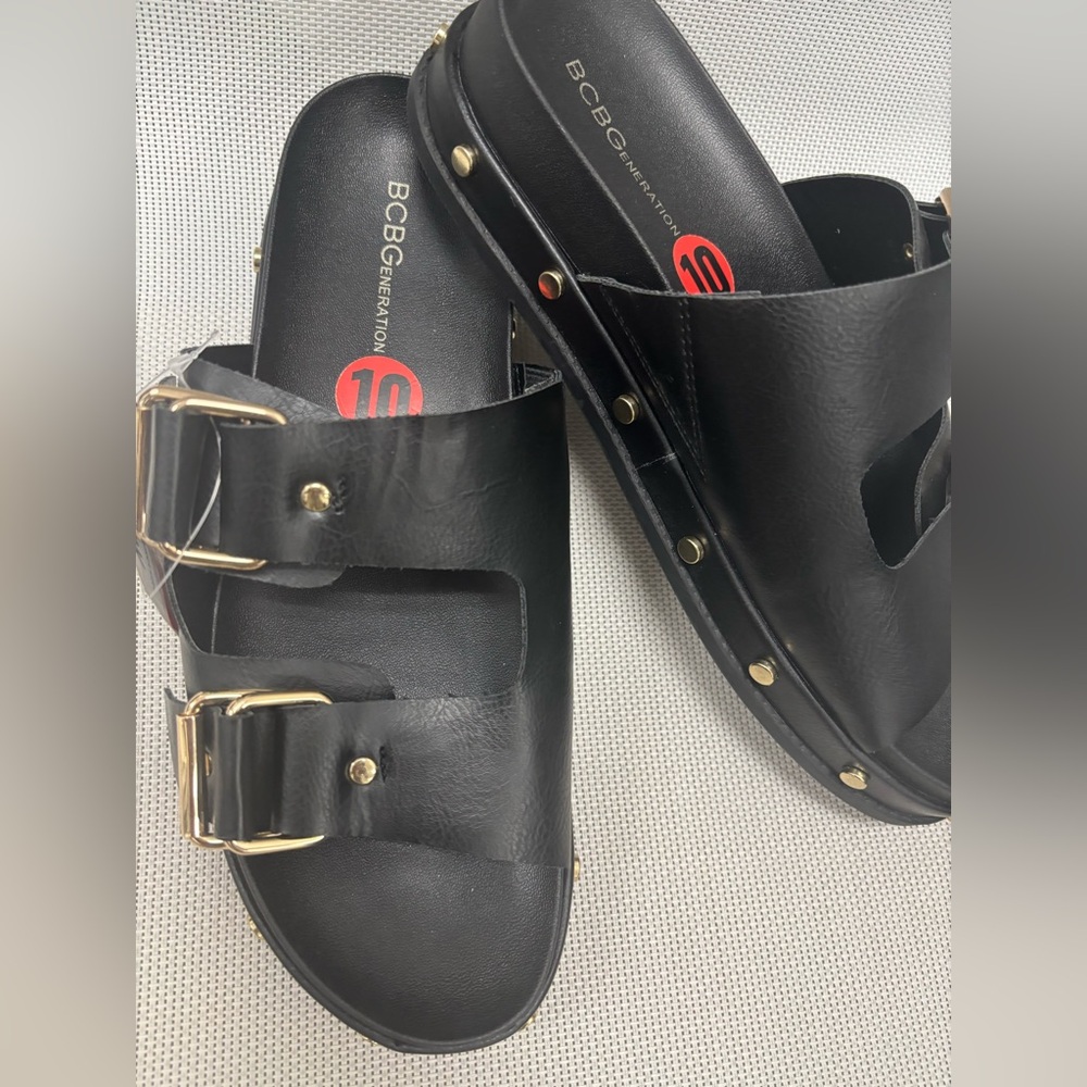 BCBG Generation Black Sandals with Gold Accents
